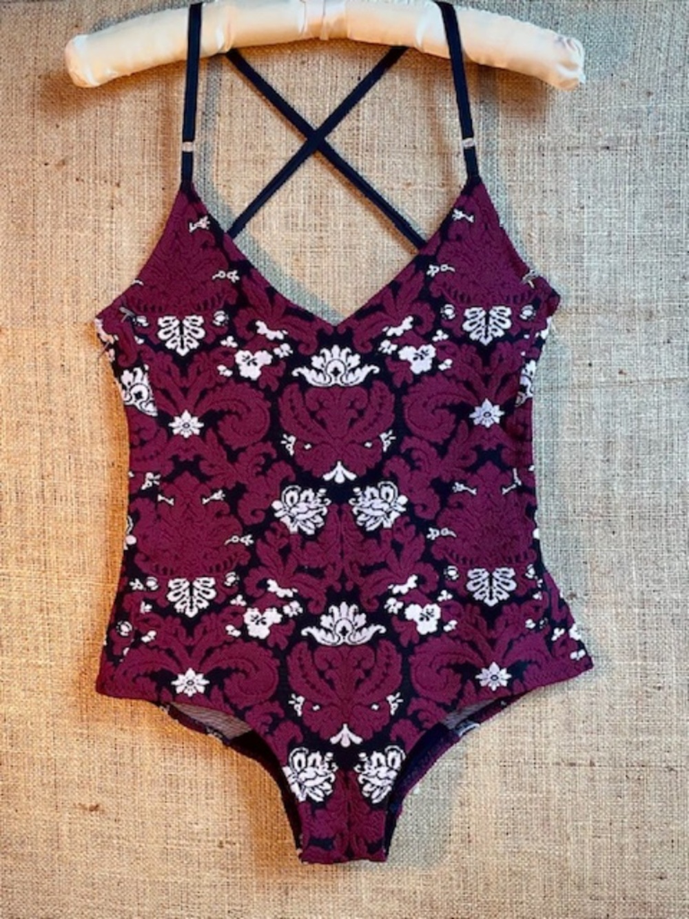 Malia Mills One Piece Swimsuit - Lush Brocade Maillot in Merlot, Black, & White